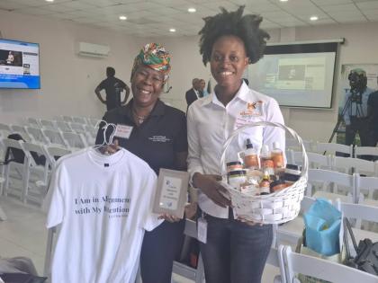 Lorraine Givans (left), of LG Coaching JA, and Kimboley Parkinson Poyser, owner of Kimboley Kollection, at the speed networking forum. 