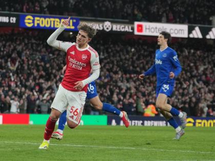 
Arsenal’s Max Dowman celebrates after scoring during the English Premier League football match against Everton in London, England, yesterday.