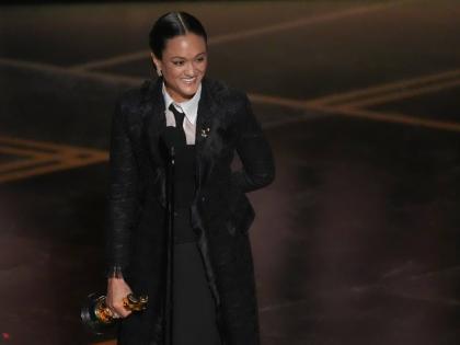 Autumn Durald Arkapaw accepts the award for cinematography for ‘Sinners’ during the Oscars on Sunday.