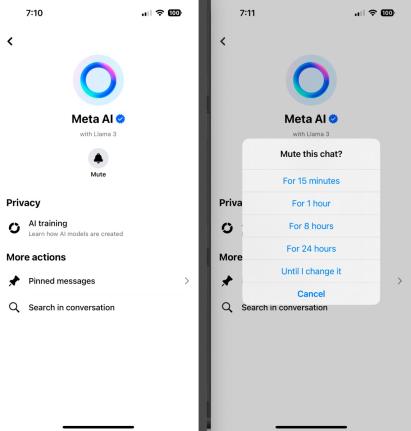 Two screenshots taken from a smartphone show the steps needed to mute the “Ask Meta AI anything” chatbot on the Facebook and Instagram apps. 