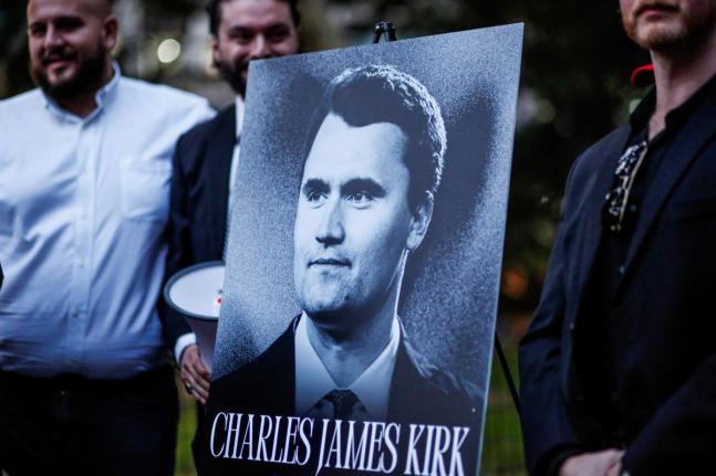 The New York Young Republicans Club holds a vigil for Turning Point USA CEO and co-founder Charlie Kirk at Madison Square Park on Friday, September 12, in New York. 