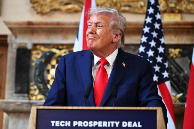President Donald Trump attends a joint press conference with Britain's Prime Minister Keir Starmer at Chequers near Aylesbury, England.
