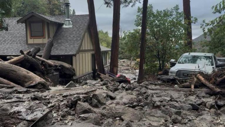 This photo provided by the San Bernardino County Fire Department shows damage caused by mudslides after storms in Forest Falls, Calif., on Thursday September 18, 2025. (San Bernardino County Fire Department via AP)