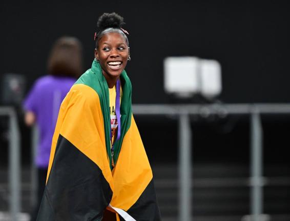 Shericka Jackson celebrates a bronze medal in the women’s 200 metres final on day seven of the 2025 World Athletics Championships in Tokyo, Japan. Jackson placed third with a time of 22.18 seconds. 