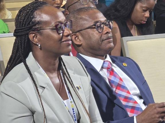 Ian Gooding-Edghill, Barbados Minister of Tourism and Chairman of the Caribbean Tourism Organization, and Andrea Franklin, Chairman of the CTO Board of Directors, at the opening ceremony of the State of the Tourism Industry Conference in Barbados on Octobe