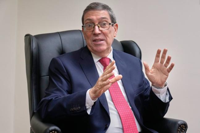 Cuba’s Foreign Minister Bruno Rodriguez Parrilla speaks during an interview with The Associated Press at the Permanent Mission of Cuba to the United Nations, in New York on September 30.