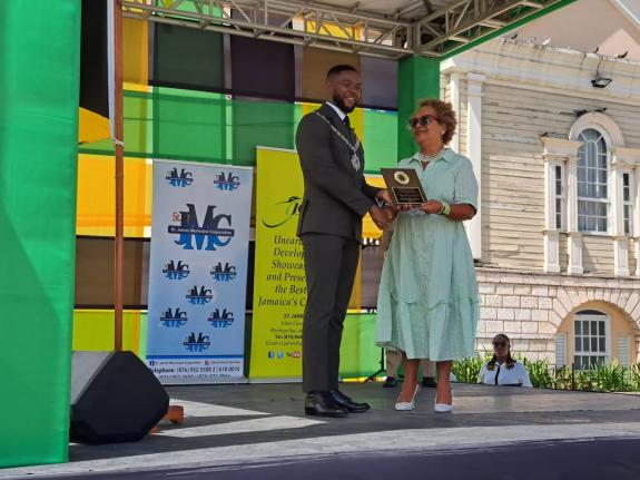 Retired judge Sheron Barnes (right) receives the 2025 Mayor’s Special Award for her contributions to the justice system from Montego Bay Mayor Richard Vernon during St James’ Heroes Day Civic Awards Ceremony at Sam Sharpe Square, Montego Bay in St Jame