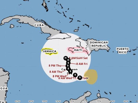 This NOAA image shows Tropical Storm Melissa's projected path through the Central Caribbean Sea. (NOAA via AP)