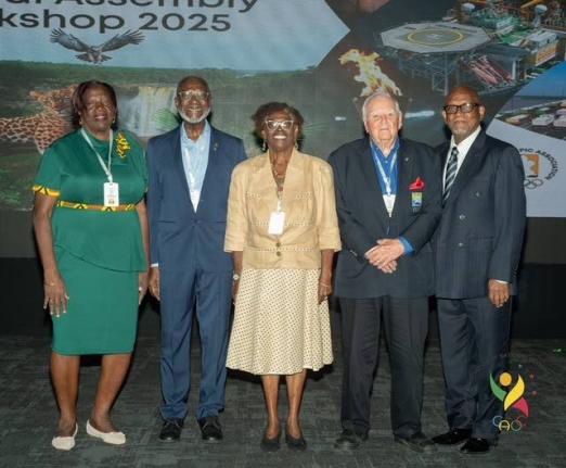 From left: Caribbean Association of National Olympic Committees (CANOC) honorees Veda Bruno Victor, Don Anderson, Catherine Ford, Steve Stoute and President of CANOC Keith Joseph at the organisation’s 23rd General Assembly in Guyana.