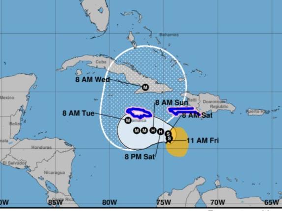 This NOAA graphic shows the projected path of Tropical Storm Melissa in the Central Caribbean Sea.
