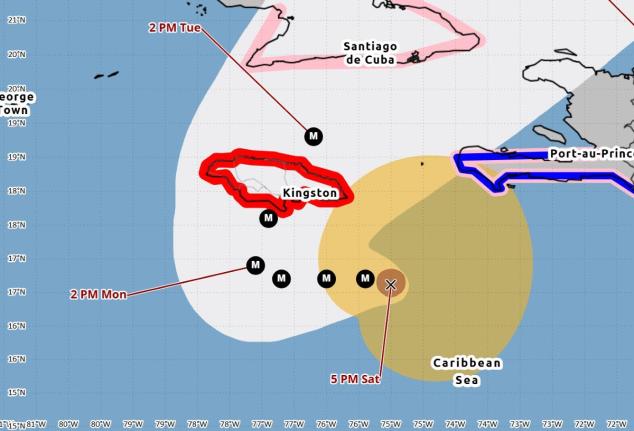The cone from the United States' National Hurricane Centre contains the probable path of the centre of Hurricane Melissa at 4 p.m on October 25, 2025. It does not show
the size of the storm. Hazardous conditions can occur outside of the cone.