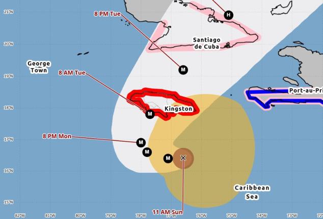 The cone from the National Hurricane Centre contains the probable path of Hurricane Melissa's centre at 10 a.m. on October 26, 2025. It does not show
the size of the storm. Hazardous conditions can occur outside of the cone.