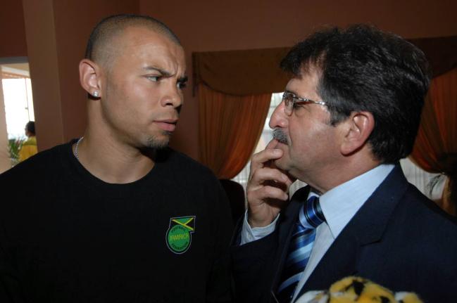 Deon Burton (left) and Brazilian Rene Simoes, Jamaica’s coach in 1998.