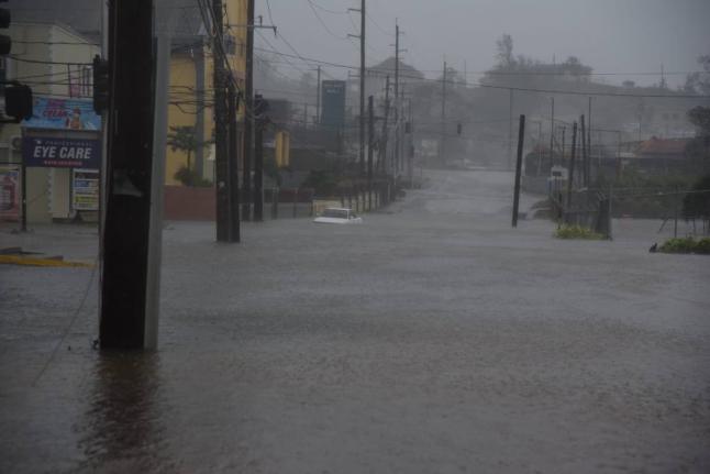 Flooding along a section of Caledonia Avenue in Mandeville, Manchester, in the vicinity of the Mandeville Regional Hospital, during the passage of Hurricane Melissa on October 28, 2025.