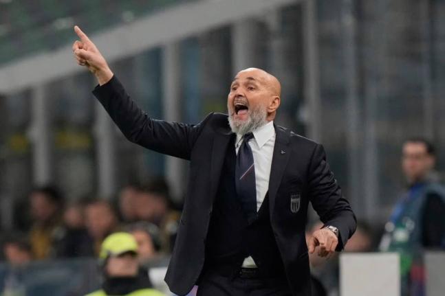 Italy’s head coach Luciano Spalletti gestures during the Nations League quarterfinal first leg match between Italy and Germany in Milan, Italy, on March 20, 2025. 