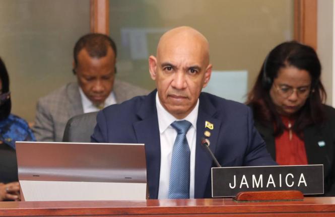 Jamaica’s Ambassador to the United States and Permanent Representative to the Organization of American States (OAS) Major General (Ret’d) Antony Anderson, updates members of the OAS Permanent Council on post-hurricane recovery in Jamaica during a regul