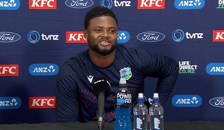 Romario Shepherd speaking at the post-match press conference on Thursday. 