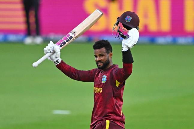 West Indies’ Shai Hope celebrates scoring a century against New Zealand during their One-Day International cricket match in Napier, New Zealand.