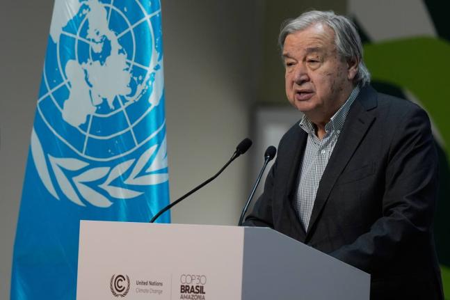 UN Secretary-General Antonio Guterres speaks during a news conference at the COP30 UN Climate Summit, Thursday, November 20, 2025, in Belem, Brazil. (AP Photo/Fernando Llano)