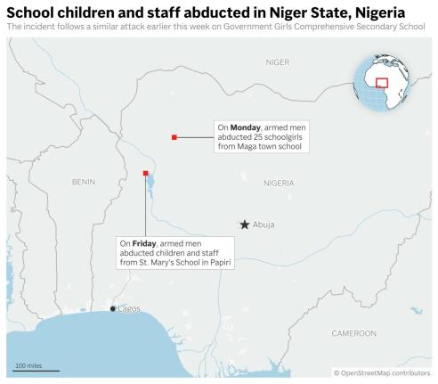 Shows the location of two attacks and abductions from schools in Nigeria over the past week. (AP Digital Embed)