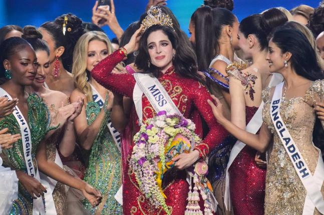 Miss Mexico Fatima Bosch (centre), is celebrated by other contesters after winning the 2025 Miss Universe pageant in Nonthaburi, north of Bangkok,Thailand.
