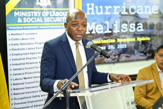 Minister of Labour and Social Security, Pearnel Charles Jr., addressing a press conference on disaster response Post-Hurricane Melissa held on November 20 at the Ministry's offices in downtown Kingston. 
