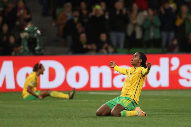 Jamaica’s Khadija Shaw celebrates qualification to the round of 16 at the Women’s World Cup after a Group F game against Brazil in Melbourne, Australia, on August 2, 2023.