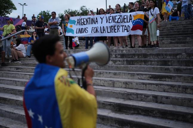 Members of Venezuela’s Opposition demonstrate ahead of the Nobel Peace Prize ceremony where Venezuelan María Corina Machado is among this year’s laureates, in Buenos Aires, Argentina.
