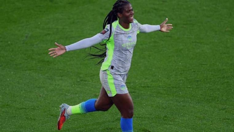 Khadija Shaw celebrates after scoring against Leicester City in the Women’s Super League.