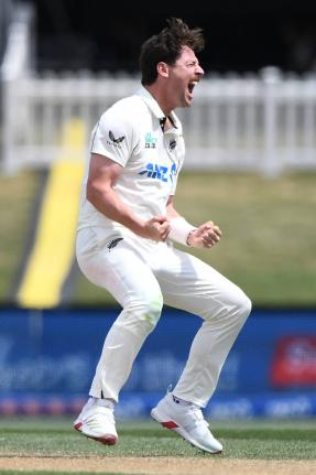 New Zealand’s Matt Henry celebrates the wicket of West Indies’ Roston Chase on day four of their Test match in Christchurch, New Zealand, on Friday.