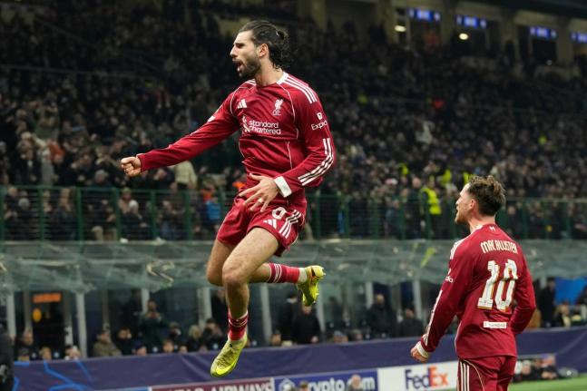 Liverpool’s Dominik Szoboszlai celebrates after scoring the only goal of a Champions League, league phase, football match against Inter Milan in Milan, Italy, yesterday.
