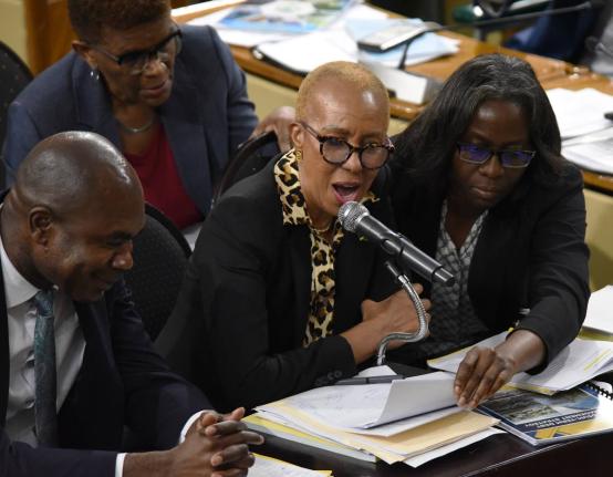 Minister of the Finance and the Public Service (MFPS) Fayval Williams (centre) answers questions during a sitting of the House of Representatives last Tuesday. Looking on are  Darlene Morrison (right), financial secretary, and Zavier Mayne, minister of sta