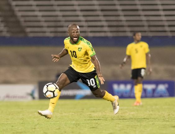 Jamaica’s Javon East reacts to a call by the referee in a Concacaf Nations League game against Aruba at The National Stadium in Kingston, Jamaica, on October 12, 2019.