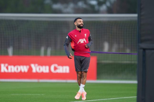 Liverpool's Mohamed Salah smiles as he takes part in a training session in Liverpool, England on December 8, 2025. 