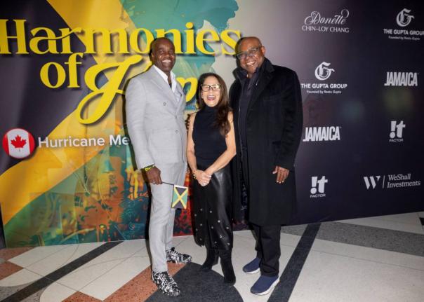From left: Dr Wes Hall, Chancellor of the University of Toronto; Tourism Minister Edmund Bartlett; and Dr Donette Chin‑Loy Chang, Chancellor of Toronto Metropolitan University, at the Harmonies of Hope relief concert last month.