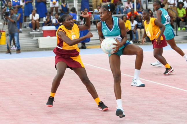 Holmwood Technical High School’s Sarah-Marie Walker (left) tries to block a pass from Denbigh High School’s Christina Thompson during the ISSA Rural Schoolgirl Netball junior final at the Leila Robinson Courts yesterday.