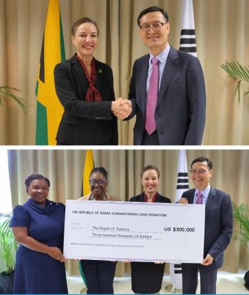 Minister of Foreign Affairs and Foreign Trade Kamina Johnson Smith receives a humanitarian donation from Kim Jin-wook, chargé d’affaires of the Embassy of the Republic of Korea, during a handover ceremony in Kingston on December 17, 2025.