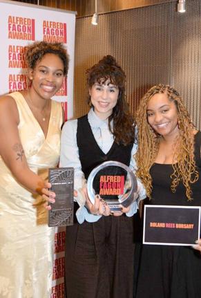 Award winners Thea Melton (left), Harry Mould (centre) and Amahra Spence hold their individual awards presented at the 29th Alfred Fagan Awards ceremony at the Dorfman Theatre, London.
