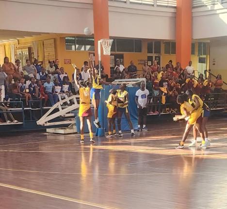 Holmwood Technical’s  goal shooter Syranna Brown (left) in action during yesterday’s senior all-island netball final at GC Foster College. 