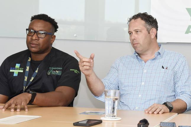 
Yoni Epstein (right), Chairman, Montego Bay United Football United (MBUFC) speaking while Dr Germaine Spencer, President of MBUFC looks on during a press conference.