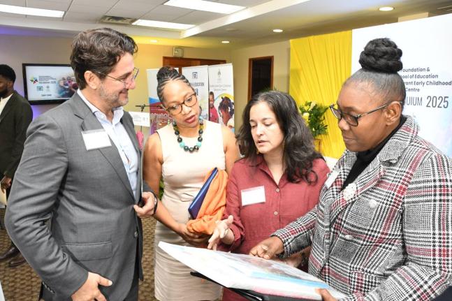  Dr Rebecca Tortello (second right), education specialist at the United Nations Children’s Fund, leads a conversation on the National Early Screening Pathway document with (from left) Dr Emre Ozaltin, lead economist for the Caribbean at the World Bank; P