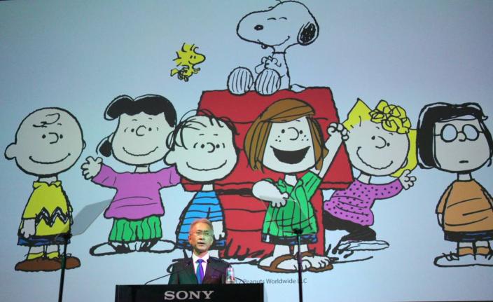 AP
Sony Corp President Kenichiro Yoshida speaks as characters from ‘Peanuts’ are shown at a press conference at the company’s headquarters in 2018 in Tokyo. 