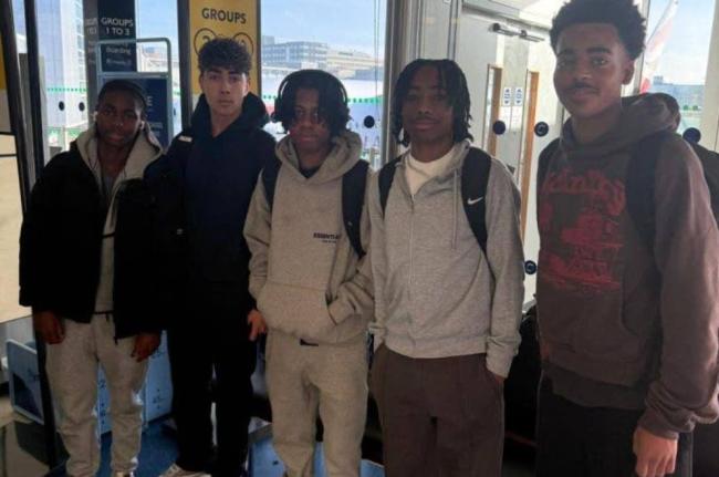 United Kingdom-based Trinidad and Tobago players before leaving London on December 19. From left: Kayden Bancey, Archie Lovatt, Jashaun Christmas, Tate Ormonde and Eden Ormonde. 