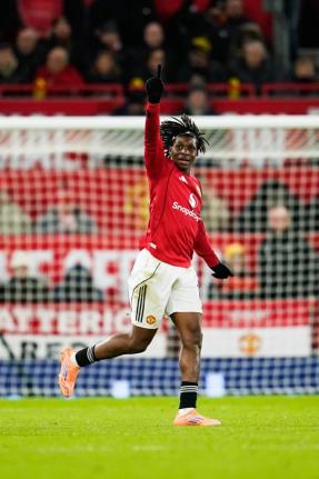  Manchester United’s Patrick Dorgu celebrates after scoring a goal during the English Premier League  match between Manchester United and Newcastle in Manchester, England, yesterday.