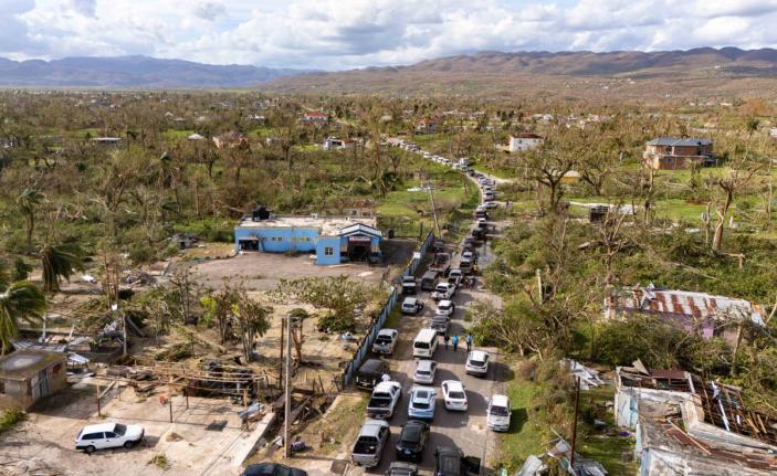 This aerial photo shows a traffic gridlock in Lacovia, St Elizabeth after Hurricane Melissa hit in October.