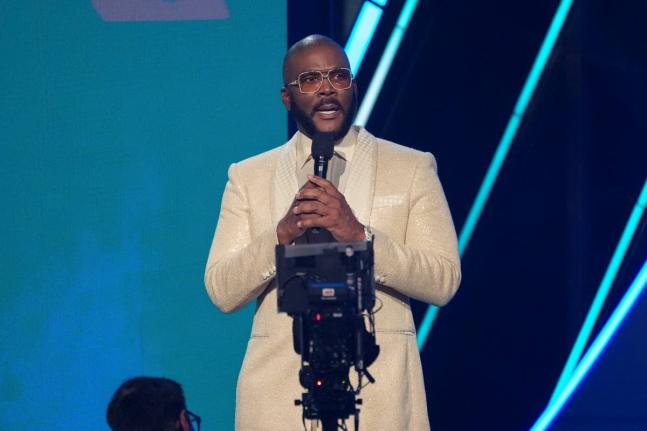 Tyler Perry speaks during the BET Awards on Monday, June 9, at the Peacock Theater in Los Angeles. 