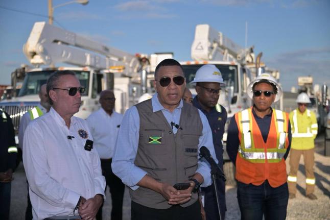 Prime Minister Dr Andrew Holness speaking at a ceremony on January 2, 2026 for the arrival of 150 specialised trucks to be deployed by the Jamaica Public Service for Hurricane Melissa electricity restoration.