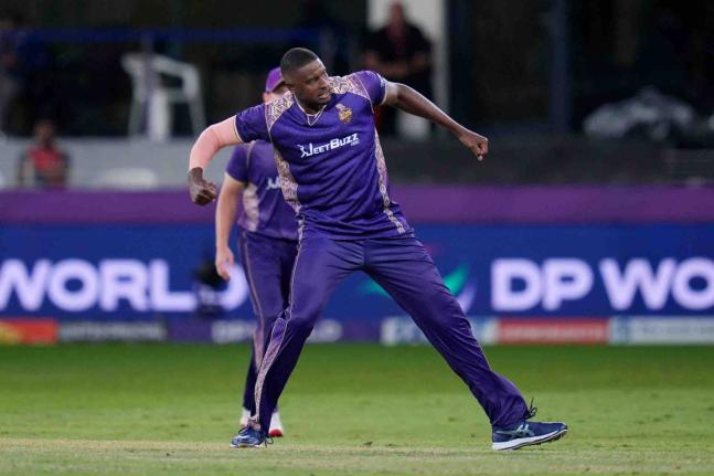 Jason Holder of Abu Dhabi Knight Riders celebrates a wicket during Eliminator of the DP World International League T20 between Dubai Capitals and Abu Dhabi Knight Riders at Dubai International Cricket Stadium, Dubai, United Arab Emirates on  January 1, 202