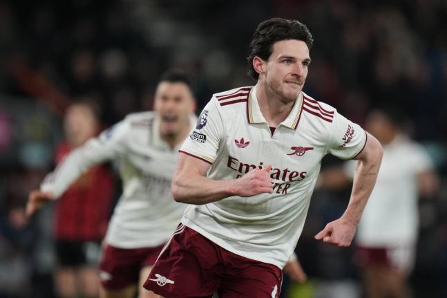 
Arsenal’s Declan Rice celebrates after scoring his side’s second goal during an English Premier League football match against Bournemouth in Bournemouth, England, yesterday.
