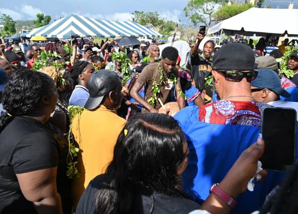 Maroons marching at the 288 Maroon Treaty celebration in Acompong Town, St Elizabeth, on Tuesday.